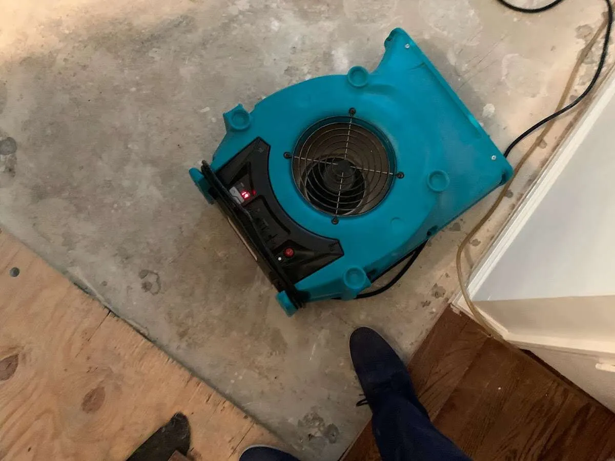 Air mover drying subfloor during Leak Detection & Repair in Leander